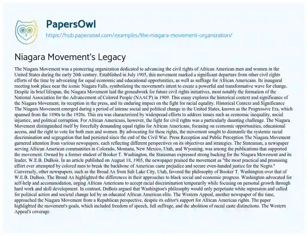 Essay on Niagara Movement’s Legacy