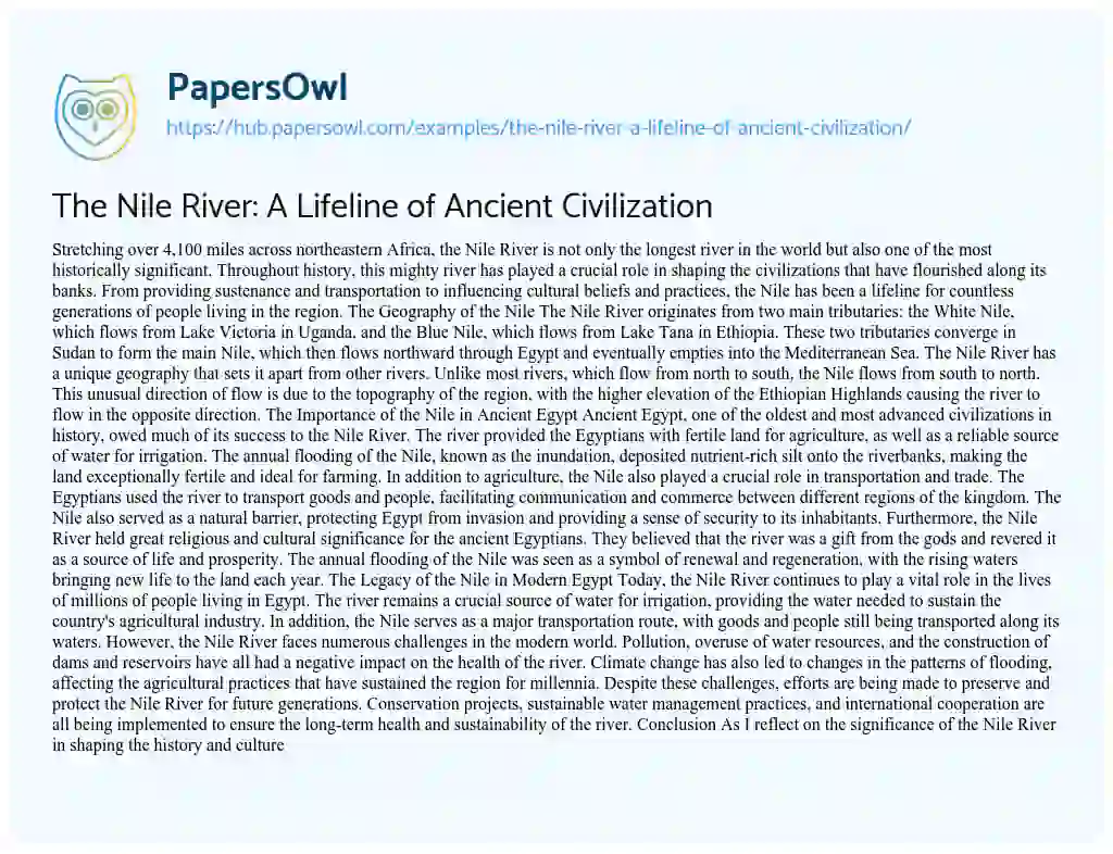 Essay on The Nile River: A Lifeline of Ancient Civilization
