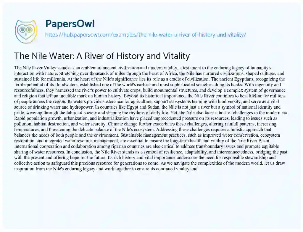 Essay on The Nile Water: A River of History and Vitality