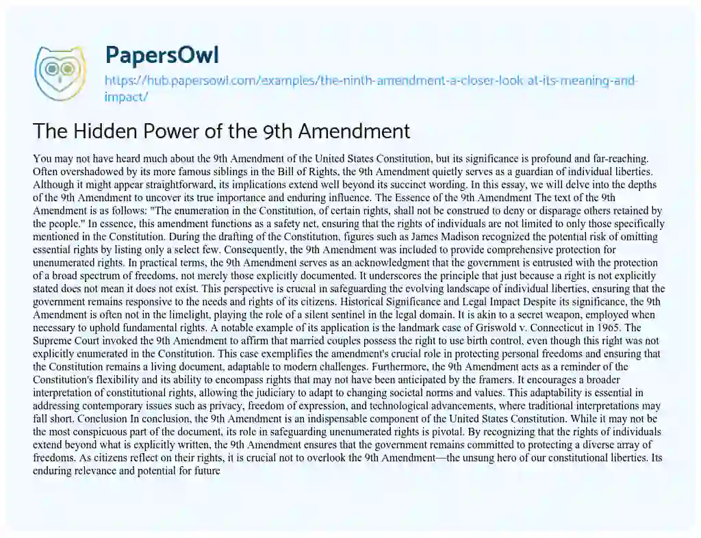 Essay on The Hidden Power of the 9th Amendment