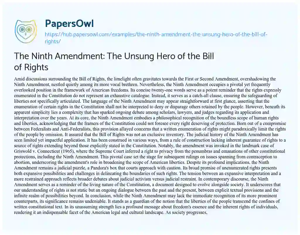Essay on The Ninth Amendment: The Unsung Hero of the Bill of Rights