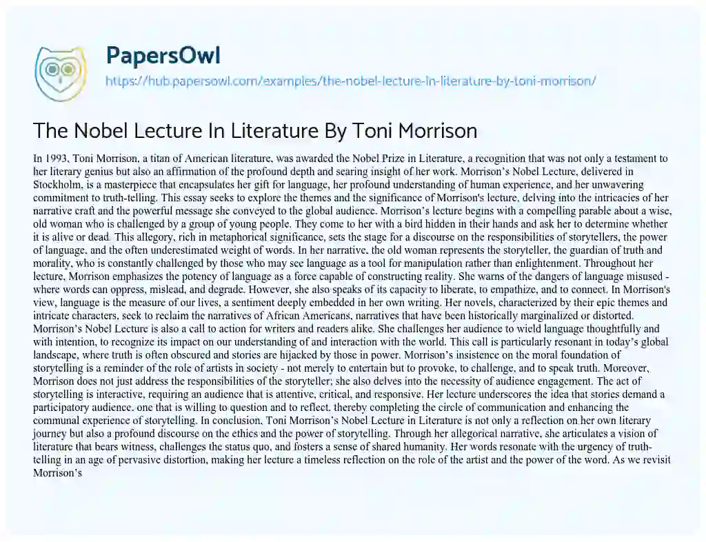 Essay on The Nobel Lecture In Literature By Toni Morrison