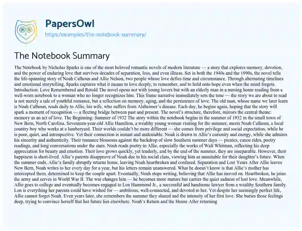 Essay on The Notebook Summary
