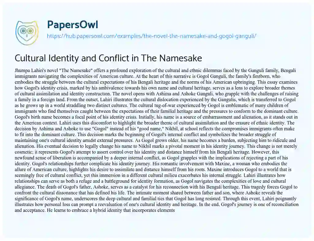 Essay on Cultural Identity and Conflict in The Namesake