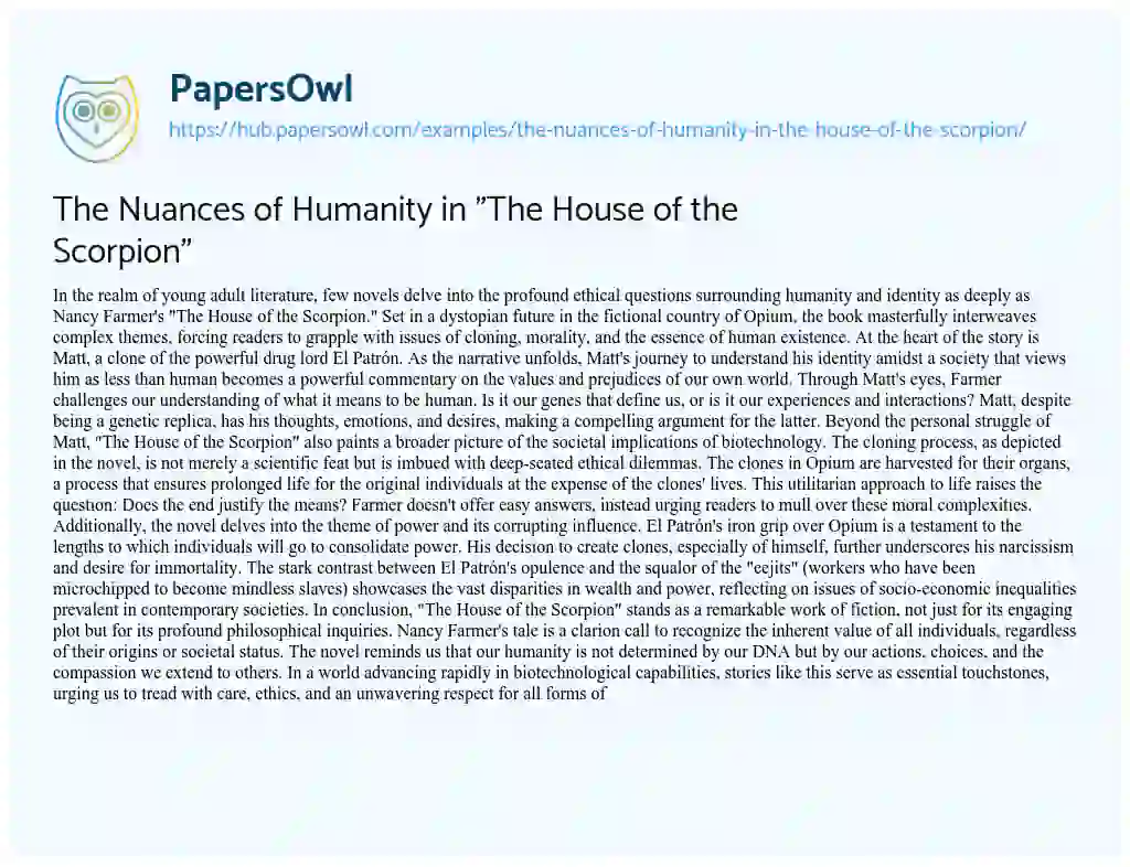Essay on The Nuances of Humanity in “The House of the Scorpion”