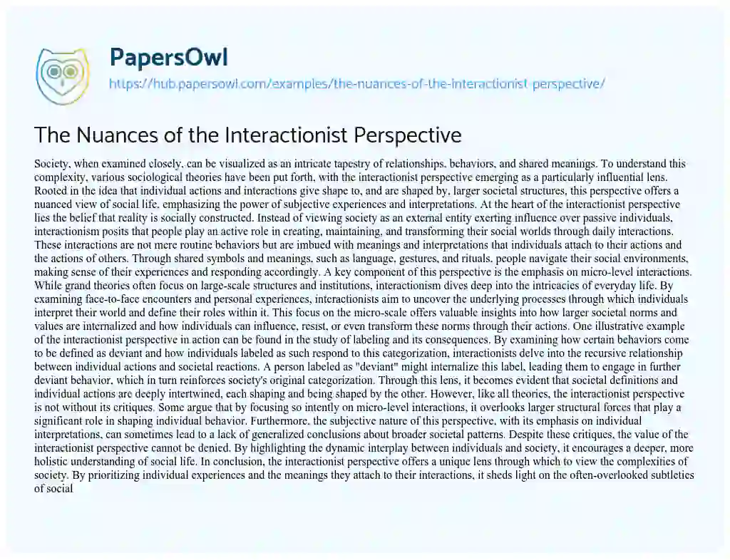 Essay on The Nuances of the Interactionist Perspective