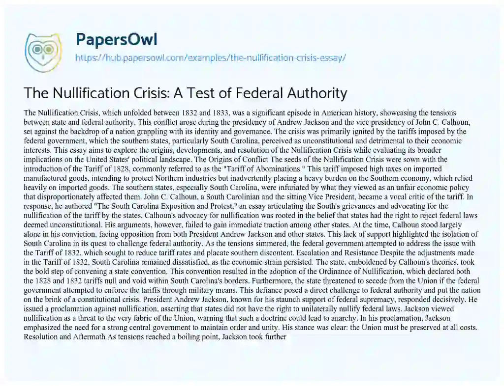 Essay on The Nullification Crisis: A Test of Federal Authority