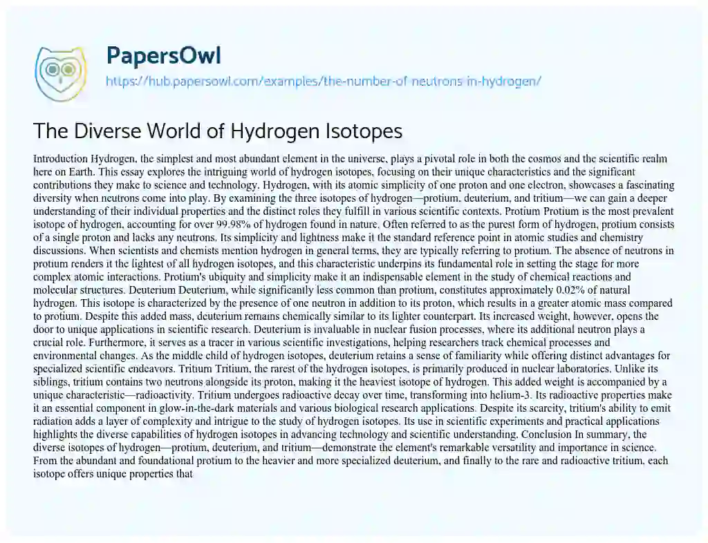 Essay on The Diverse World of Hydrogen Isotopes