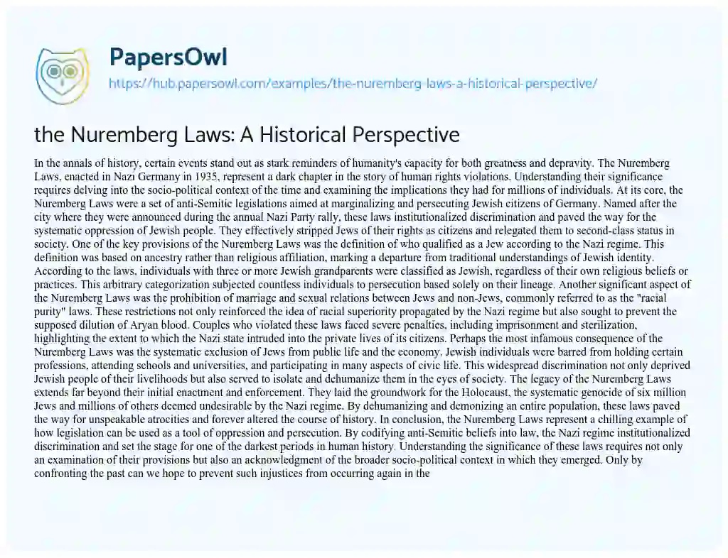Essay on the Nuremberg Laws: A Historical Perspective