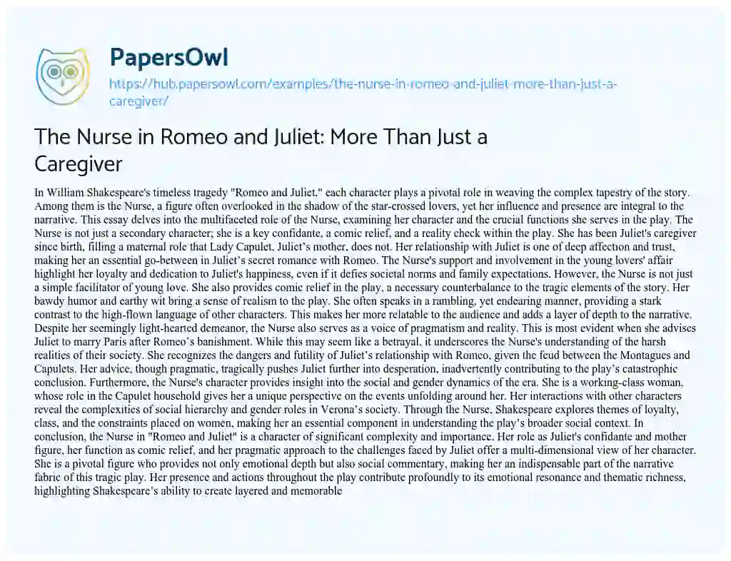 Essay on The Nurse in Romeo and Juliet: More Than Just a Caregiver