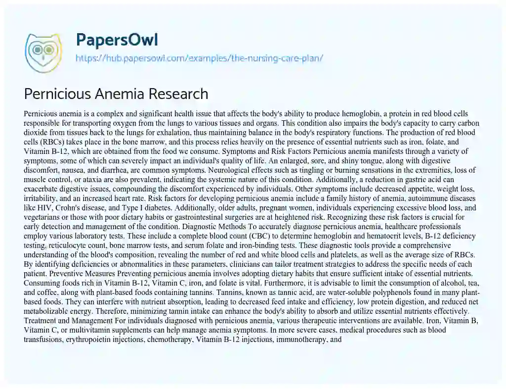 Essay on Pernicious Anemia Research
