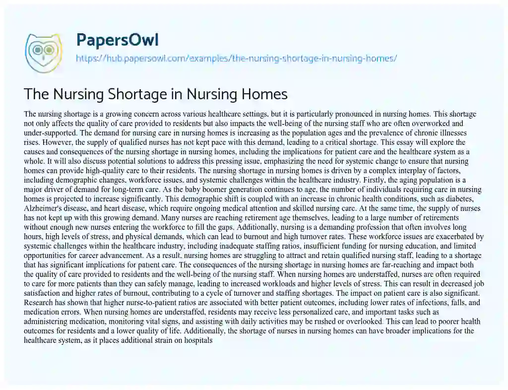 Essay on The Nursing Shortage in Nursing Homes