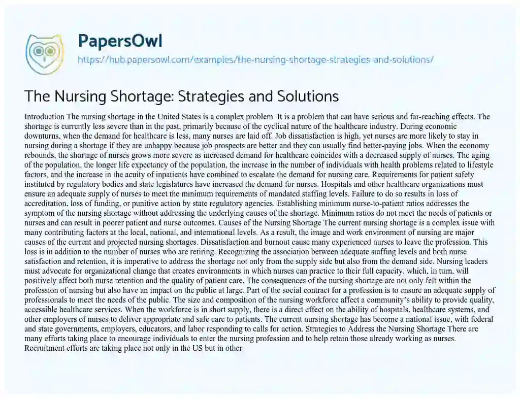 Essay on The Nursing Shortage: Strategies and Solutions