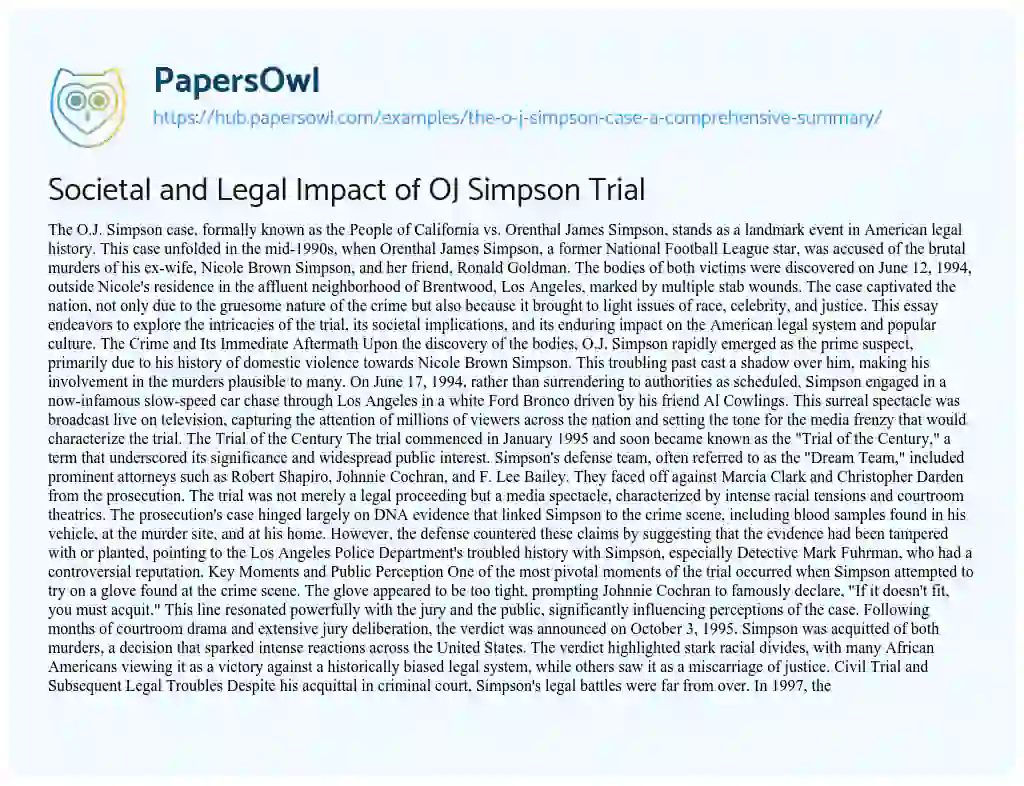 Essay on Societal and Legal Impact of OJ Simpson Trial