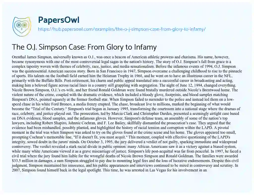 Essay on The O.J. Simpson Case: From Glory to Infamy