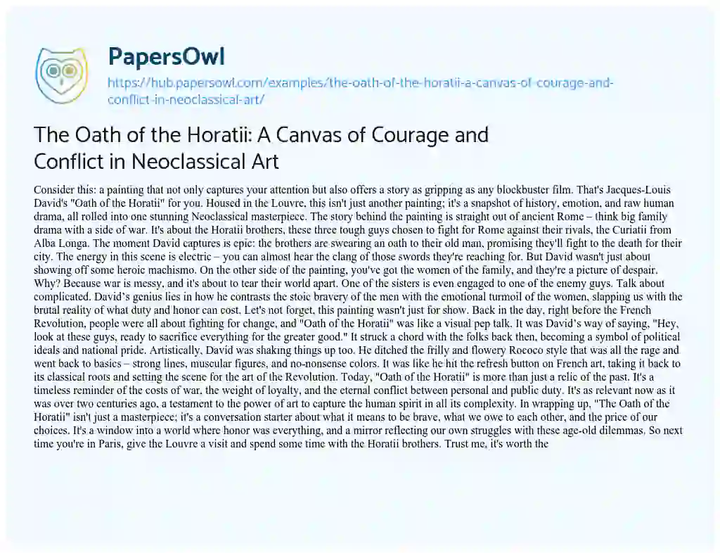 Essay on The Oath of the Horatii: A Canvas of Courage and Conflict in Neoclassical Art