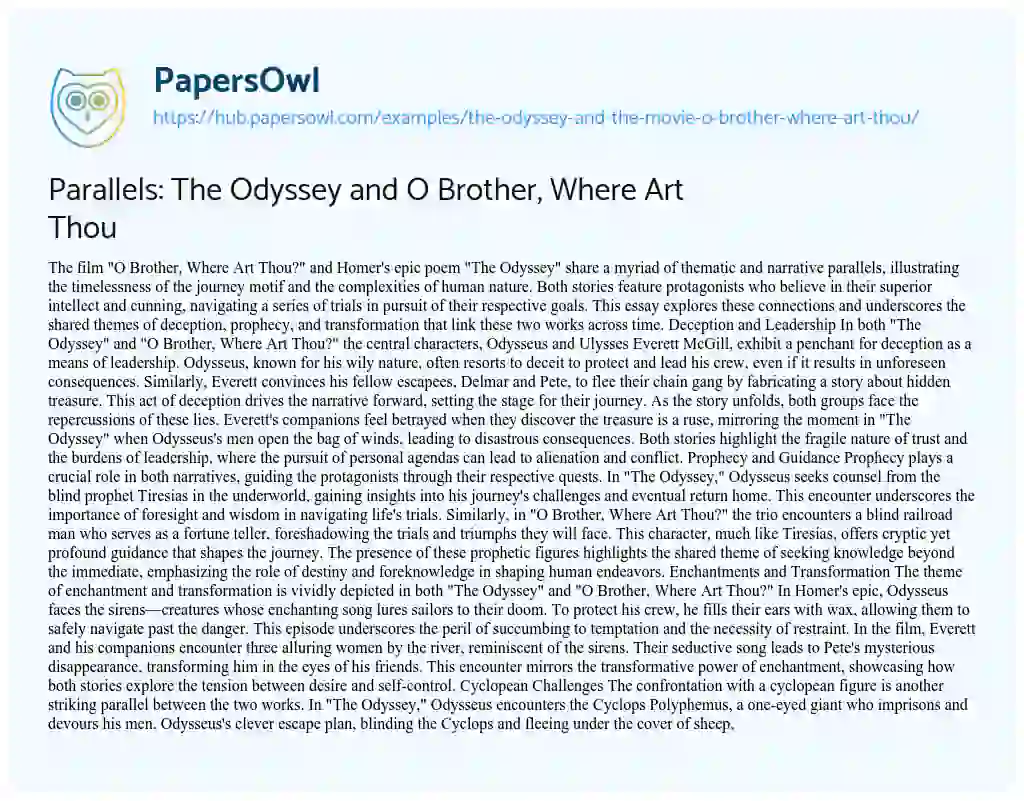 Essay on Parallels: The Odyssey and O Brother, Where Art Thou