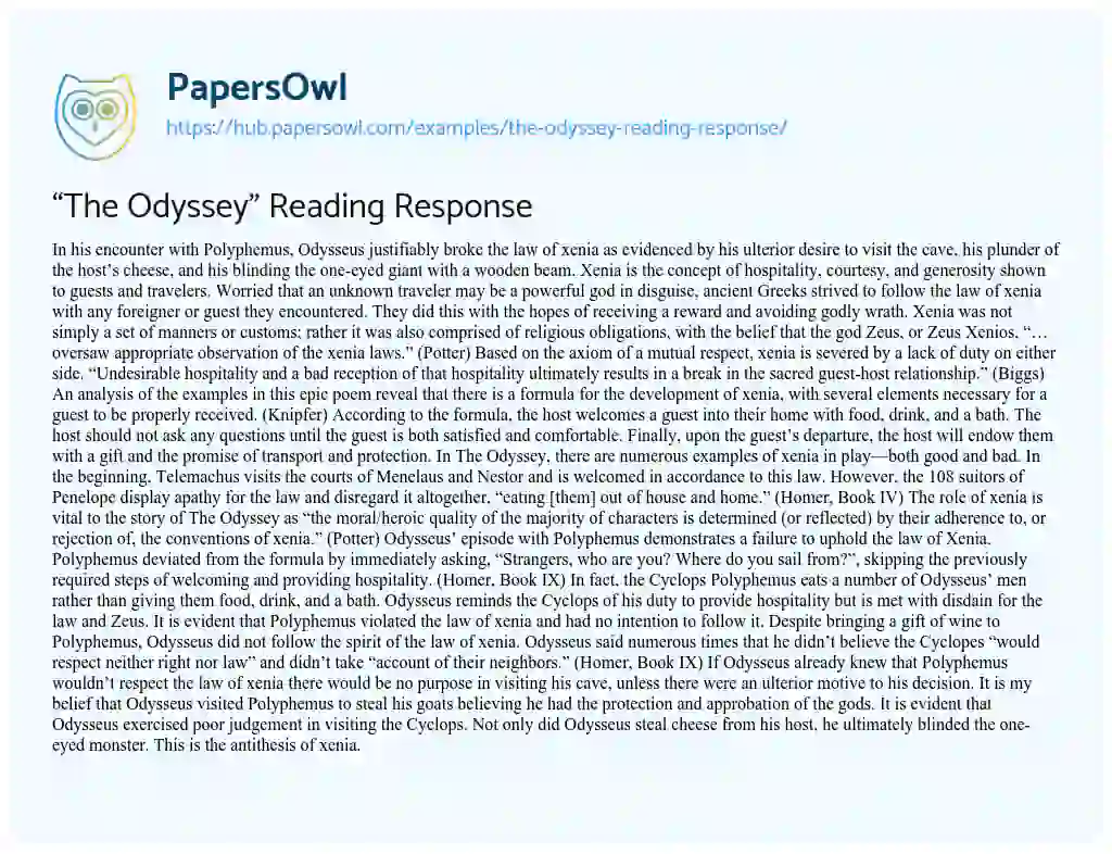 Essay on “The Odyssey” Reading Response