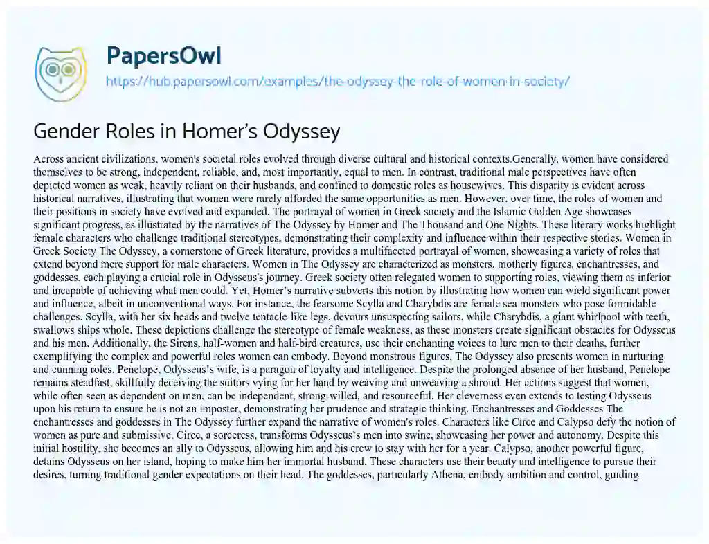 Essay on Gender Roles in Homer’s Odyssey