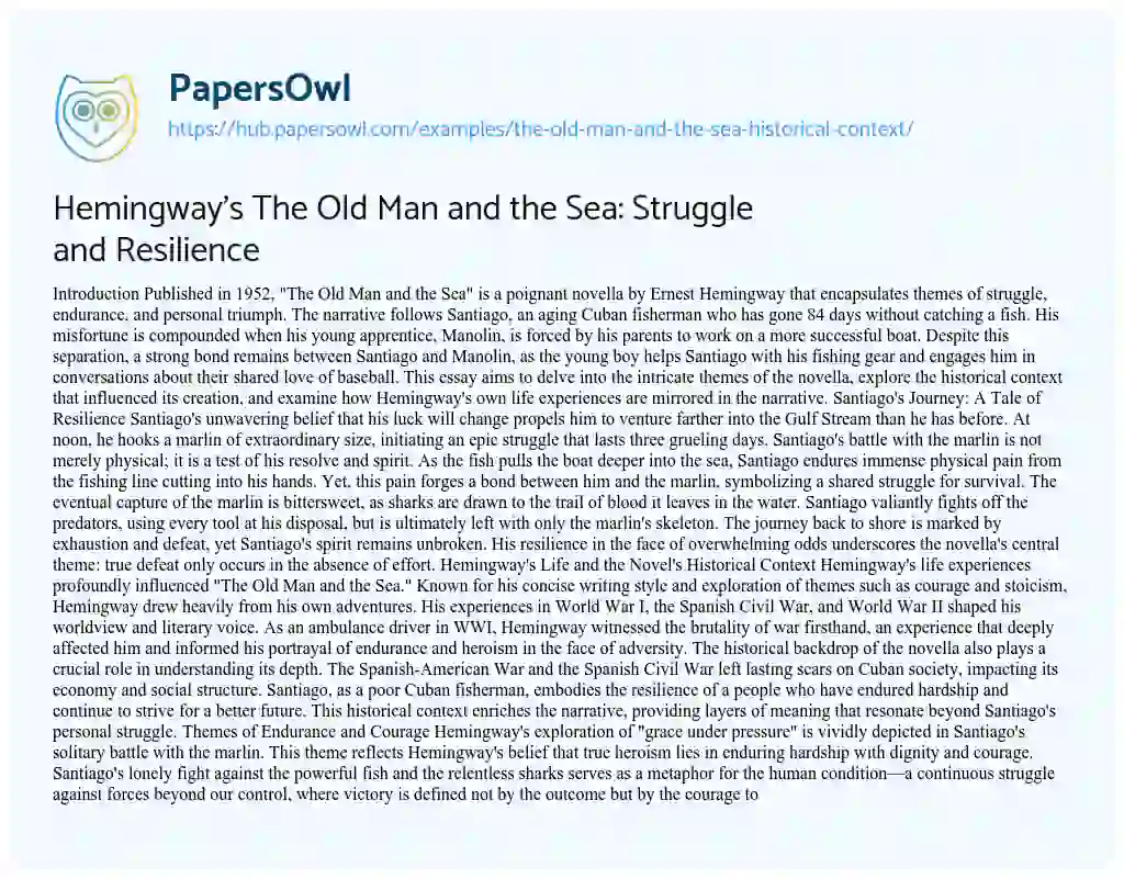 Essay on Hemingway’s The Old Man and the Sea: Struggle and Resilience
