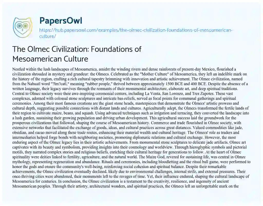 Essay on The Olmec Civilization: Foundations of Mesoamerican Culture