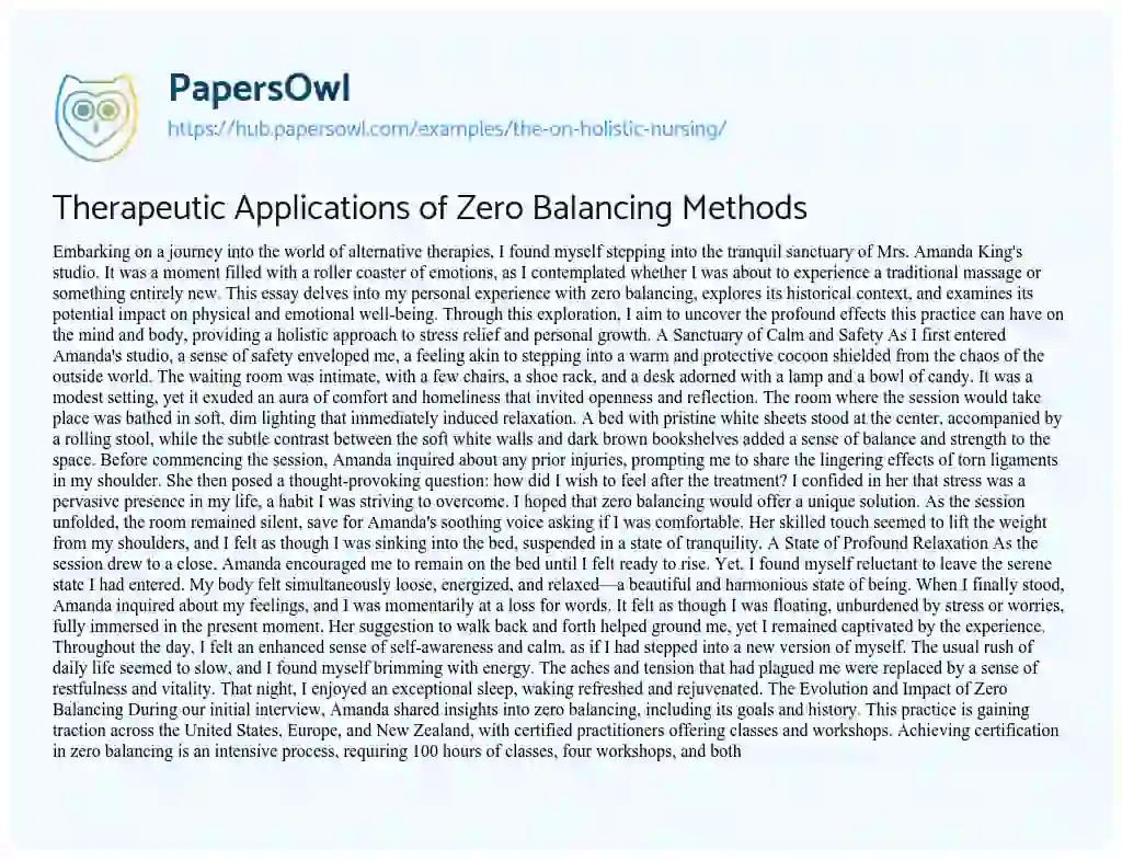 Essay on Therapeutic Applications of Zero Balancing Methods