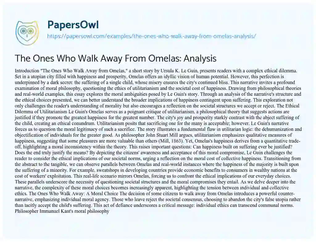 Essay on The Ones Who Walk Away From Omelas: Analysis