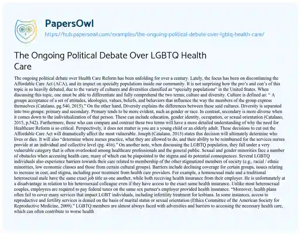 Essay on The Ongoing Political Debate Over LGBTQ Health Care