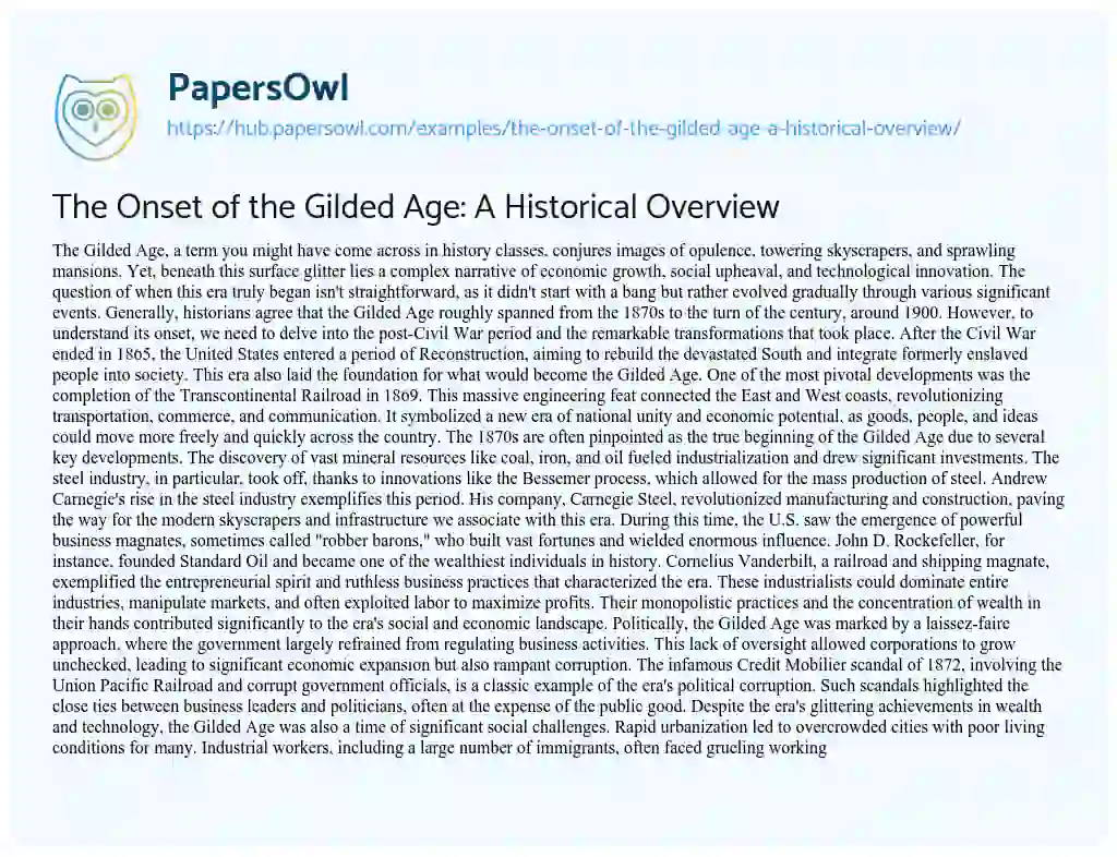 Essay on The Onset of the Gilded Age: A Historical Overview