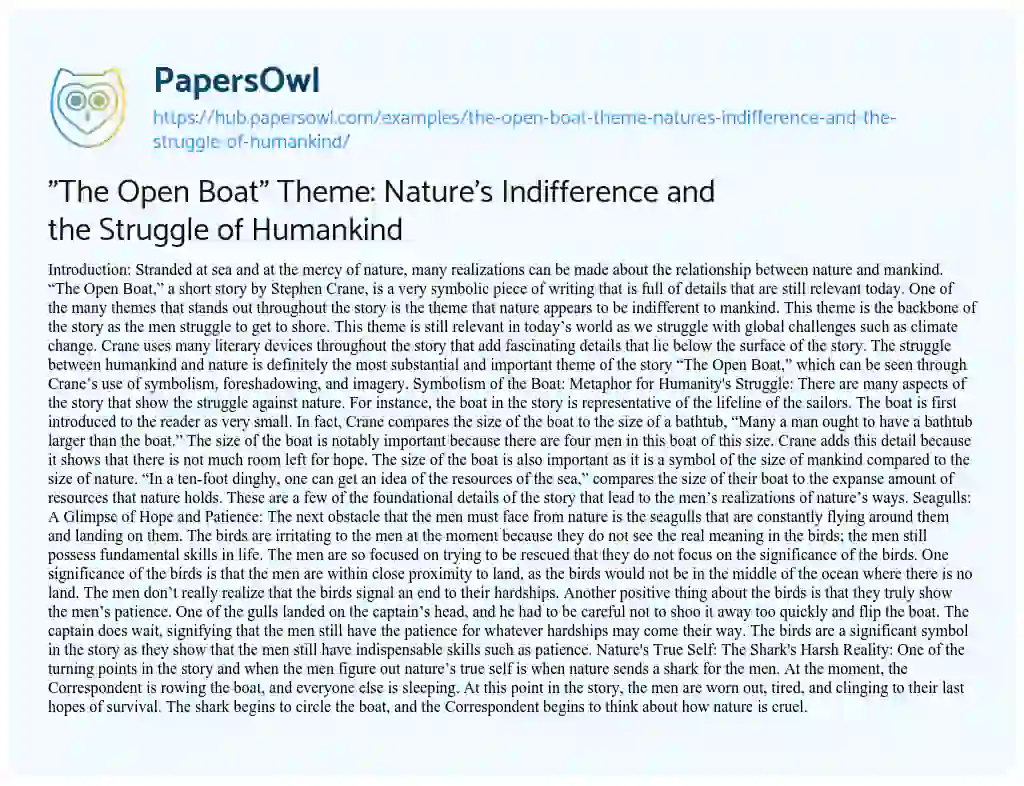 Essay on “The Open Boat” Theme: Nature’s Indifference and the Struggle of Humankind