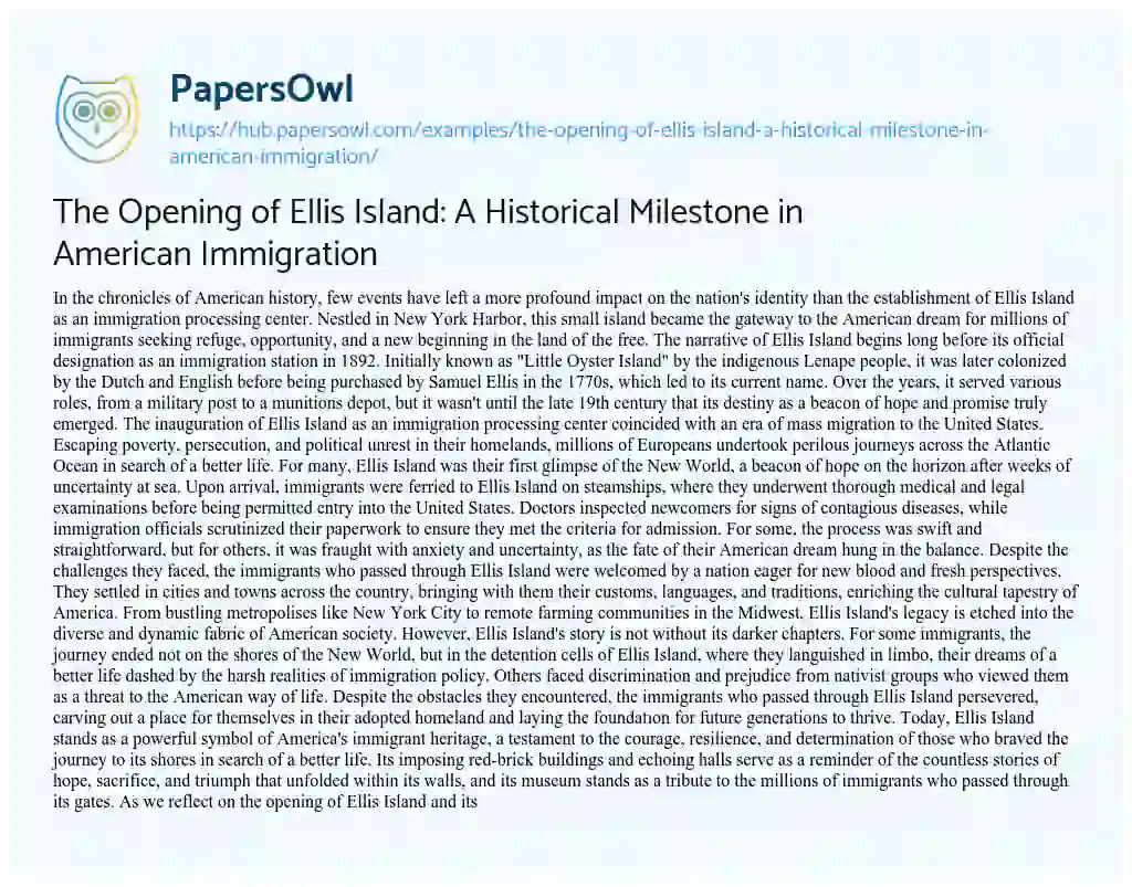 Essay on The Opening of Ellis Island: A Historical Milestone in American Immigration