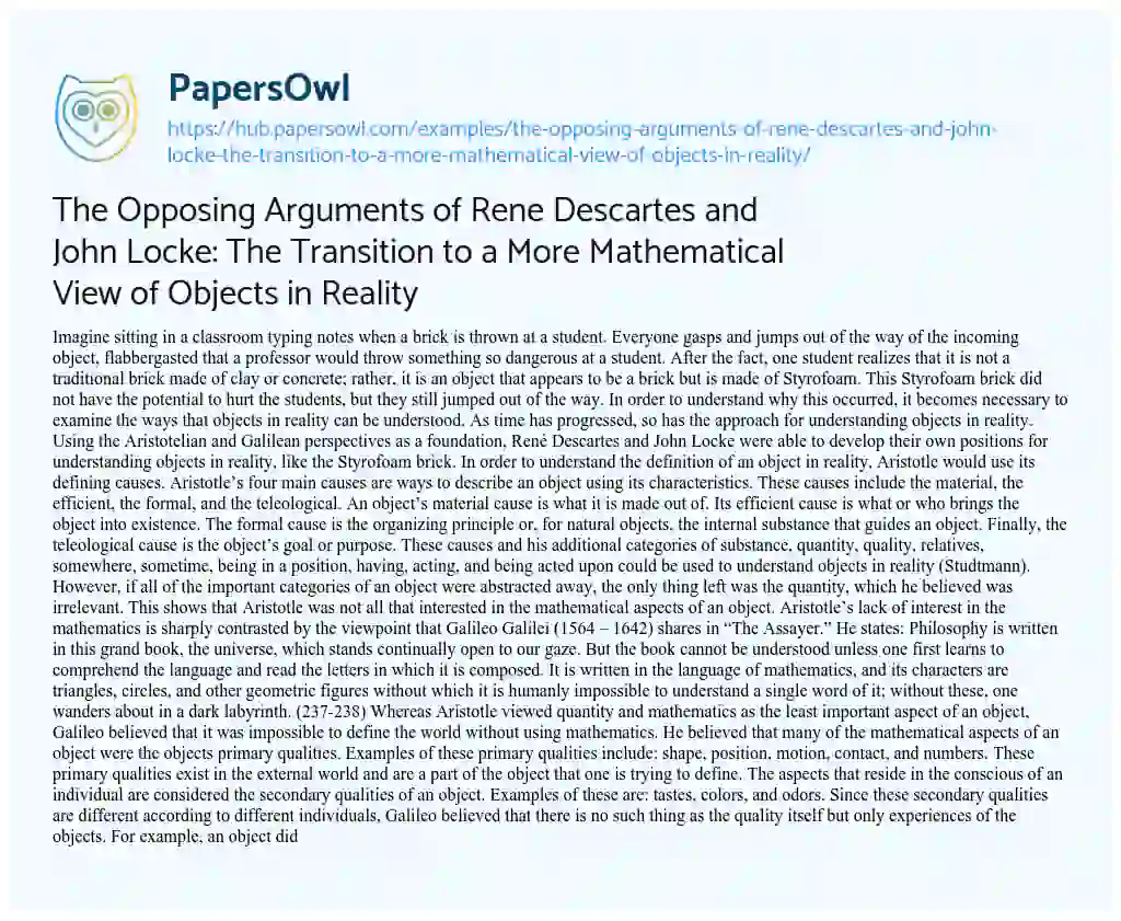 Essay on The Opposing Arguments of Rene Descartes and John Locke: The Transition to a More Mathematical View of Objects in Reality
