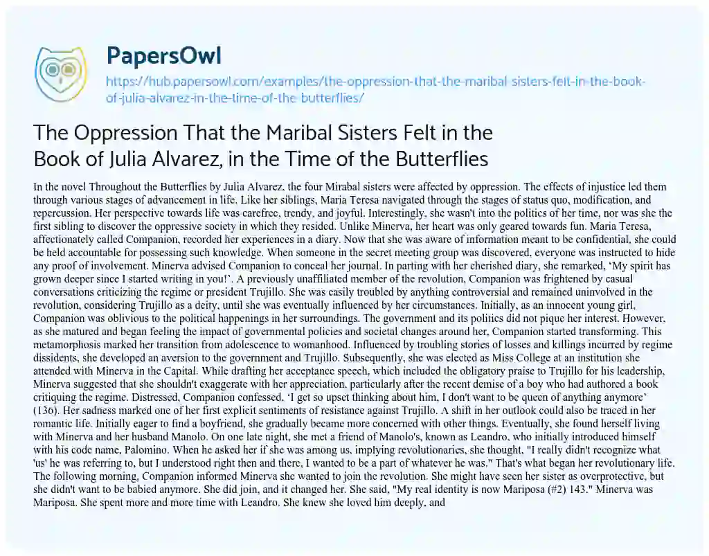 Essay on The Oppression That the Maribal Sisters Felt in the Book of Julia Alvarez, in the Time of the Butterflies