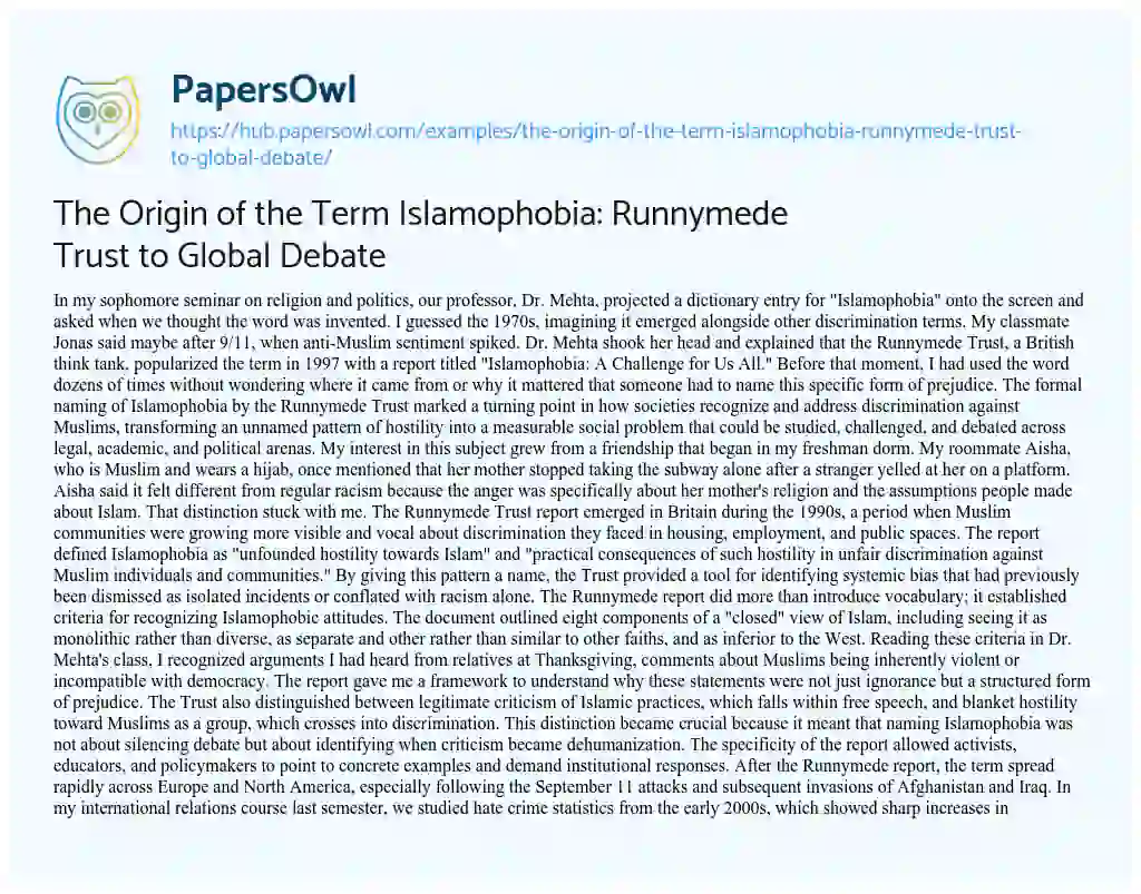 Essay on The Origin of the Term Islamophobia: Runnymede Trust to Global Debate