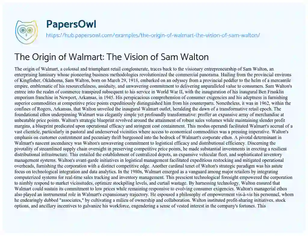 Essay on The Origin of Walmart: The Vision of Sam Walton