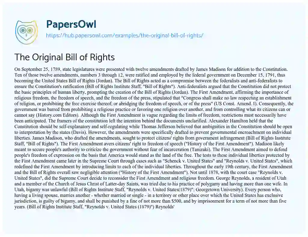 Essay on The Original Bill of Rights
