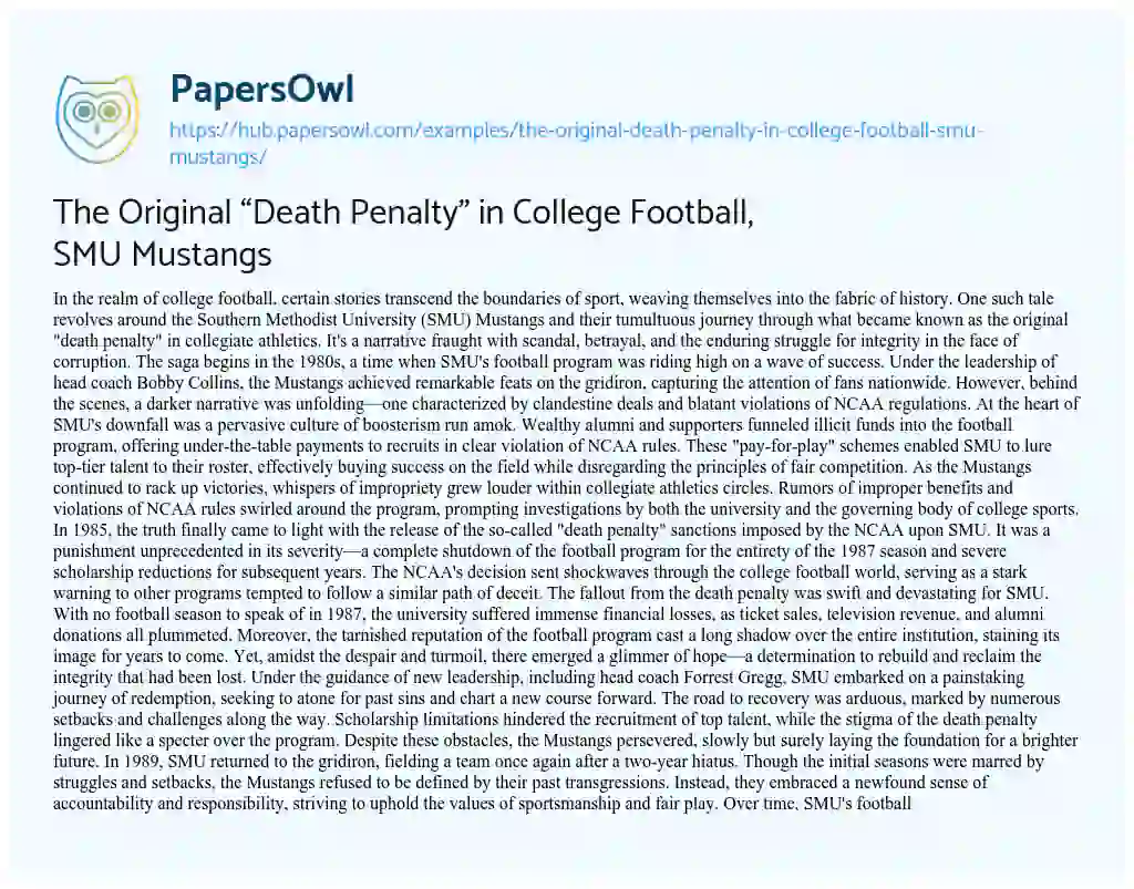 Essay on The Original “Death Penalty” in College Football, SMU Mustangs