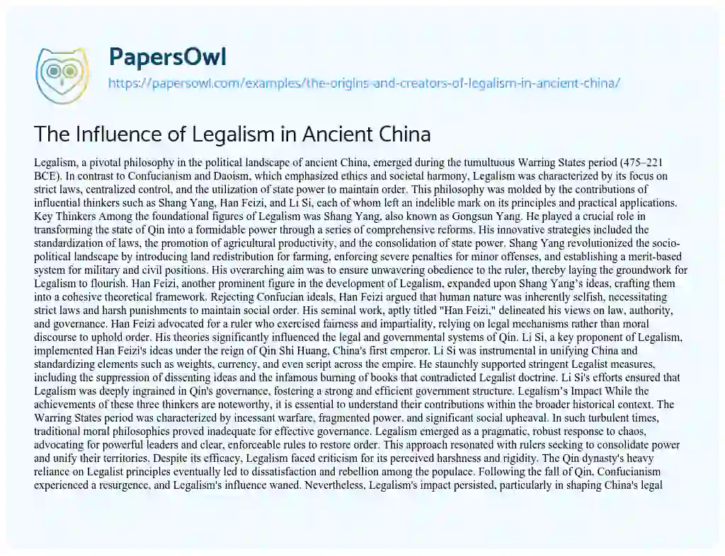 Essay on The Influence of Legalism in Ancient China