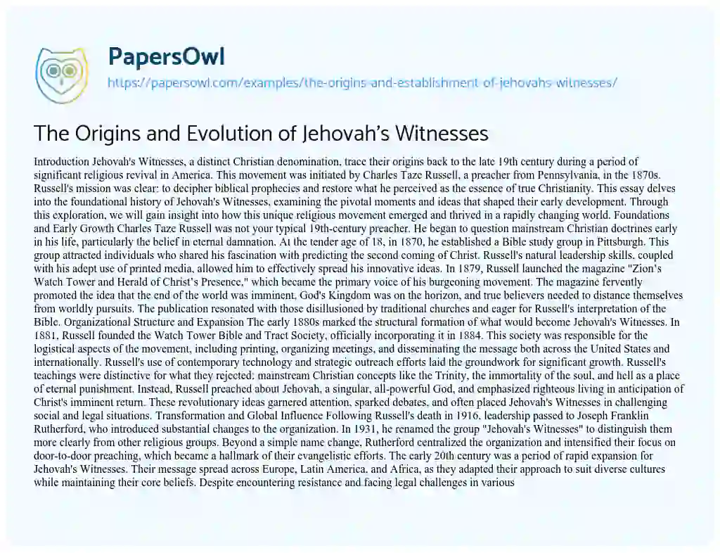 Essay on The Origins and Evolution of Jehovah’s Witnesses