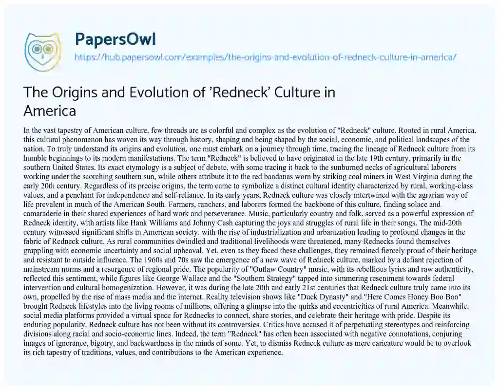 Essay on The Origins and Evolution of ‘Redneck’ Culture in America