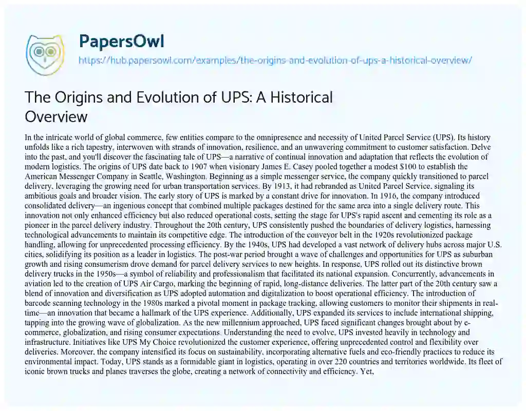 Essay on The Origins and Evolution of UPS: A Historical Overview