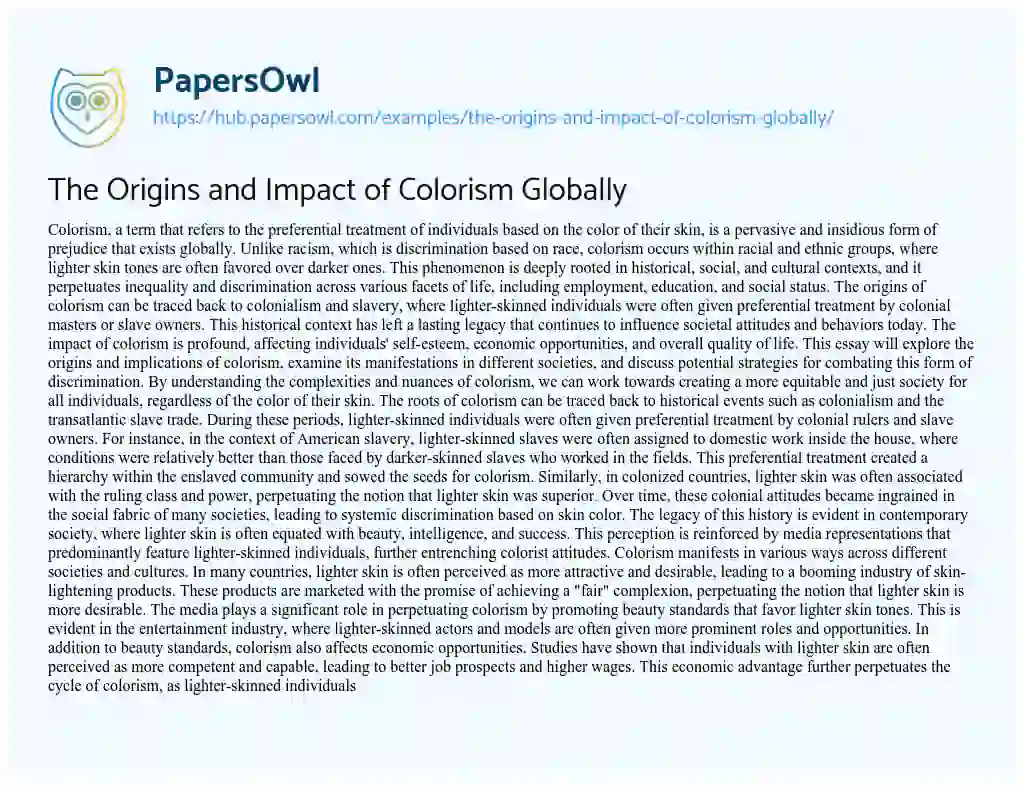 Essay on The Origins and Impact of Colorism Globally