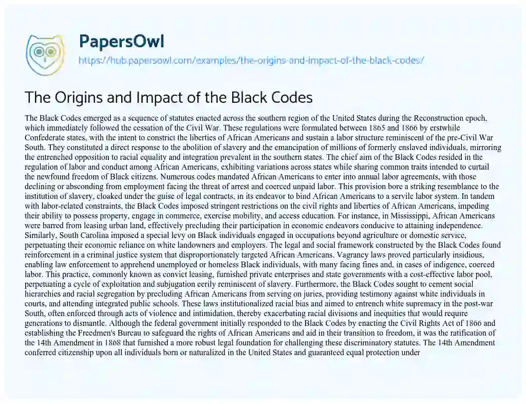 Essay on The Origins and Impact of the Black Codes