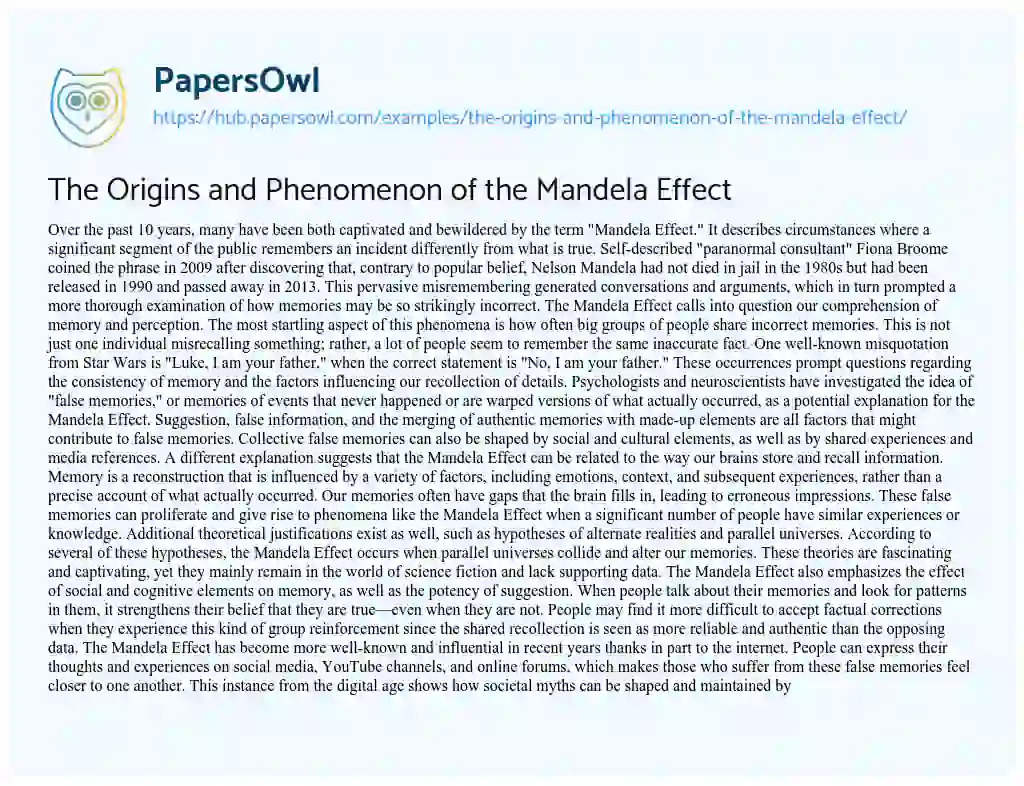 Essay on The Origins and Phenomenon of the Mandela Effect