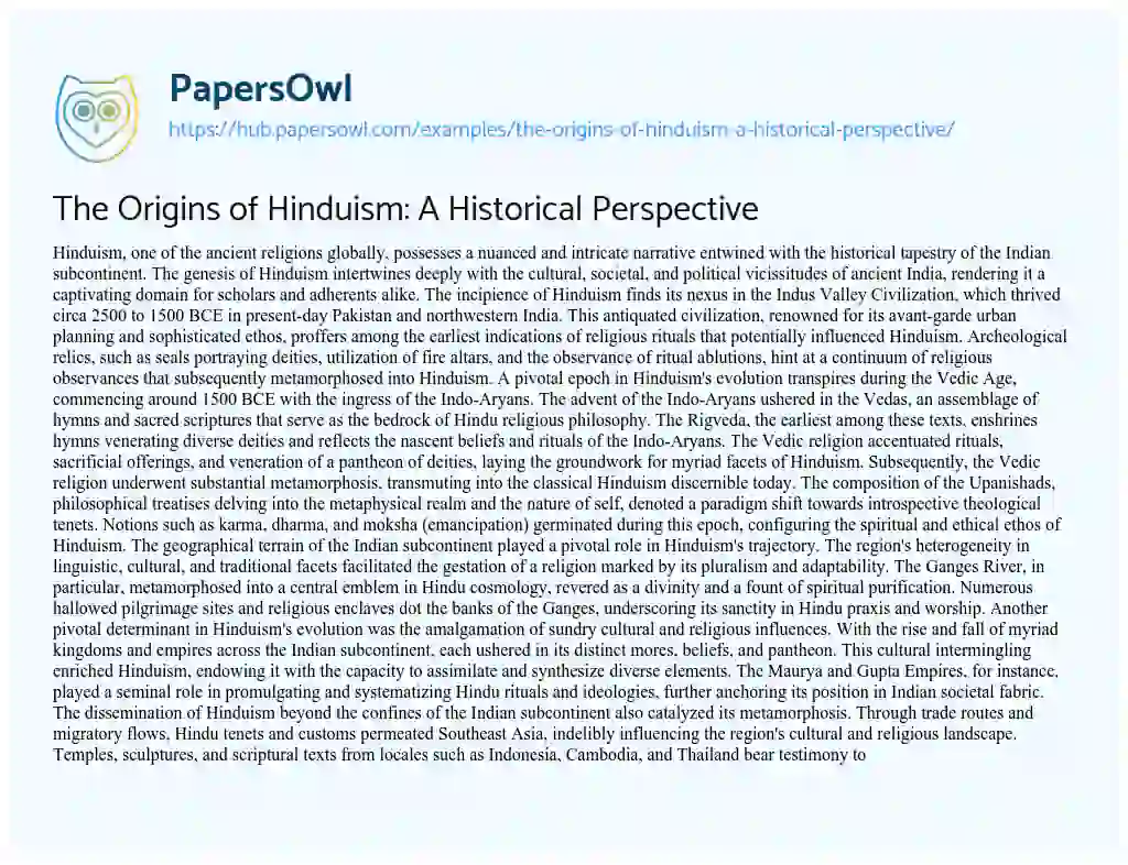 Essay on The Origins of Hinduism: A Historical Perspective