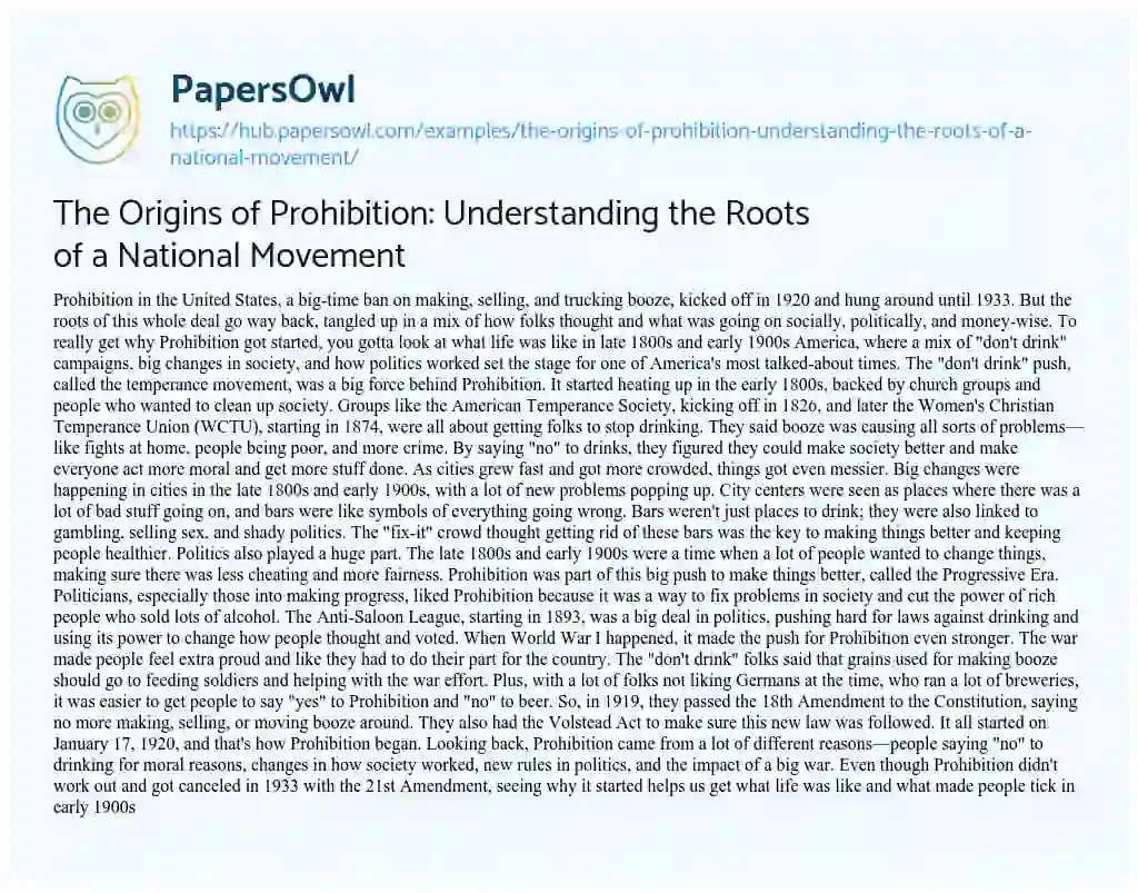 Essay on The Origins of Prohibition: Understanding the Roots of a National Movement