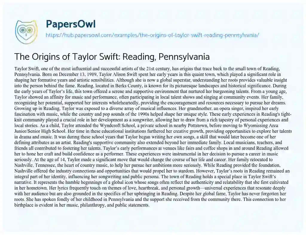 Essay on The Origins of Taylor Swift: Reading, Pennsylvania