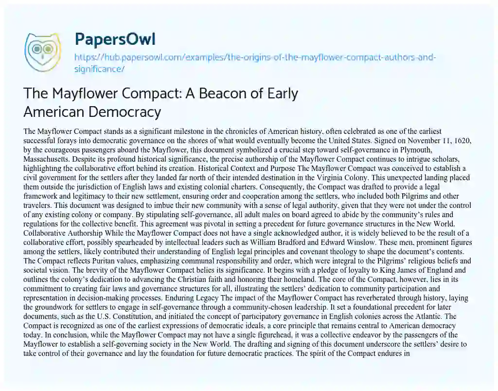 Essay on The Mayflower Compact: A Beacon of Early American Democracy