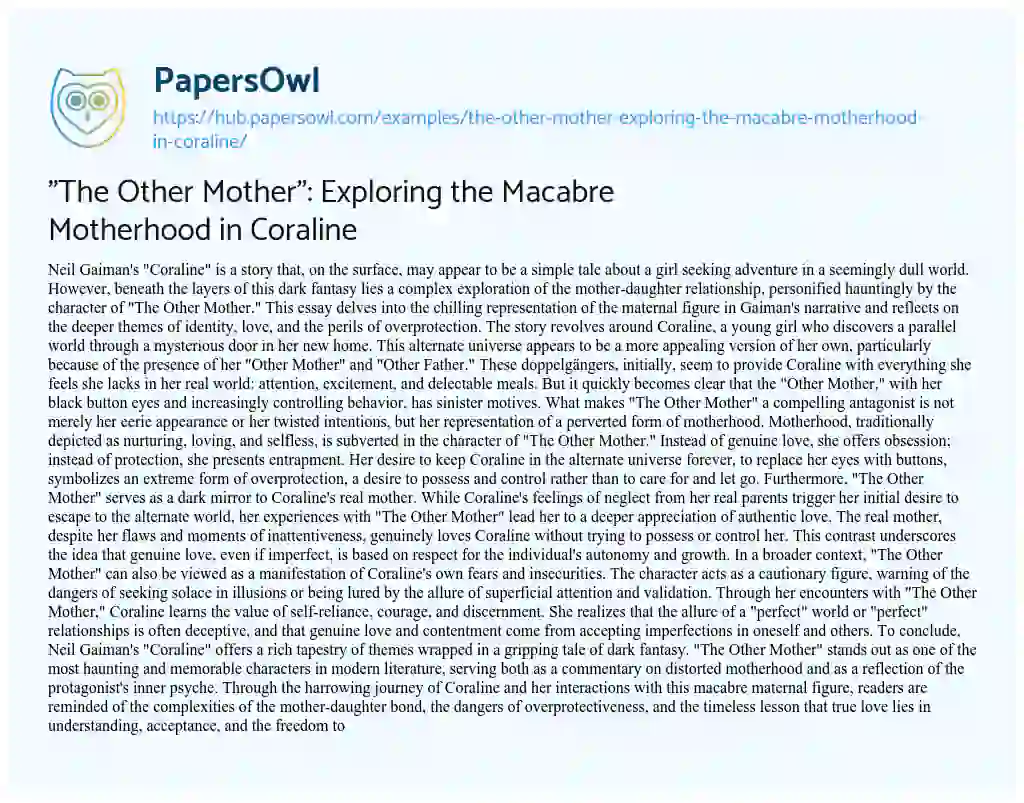 Essay on “The Other Mother”: Exploring the Macabre Motherhood in Coraline