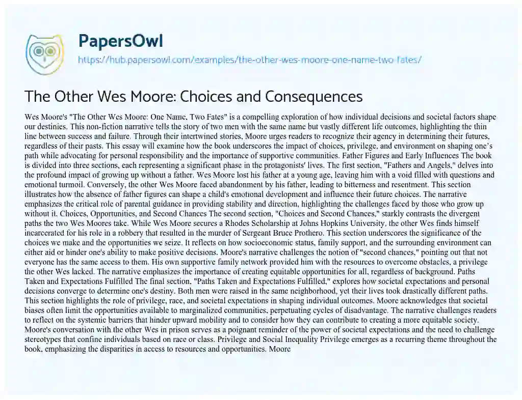 Essay on The Other Wes Moore: Choices and Consequences